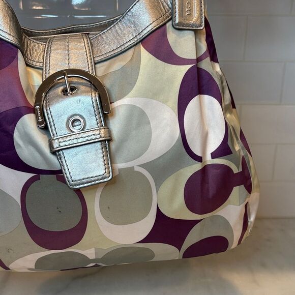 Coach Bag Purse Handbag soho Signature Satin Scarf Print Buckle Hobo XL Shoulder - Picture 3 of 16